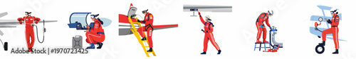 Illustration set of aircraft ground crew and pilots in red flight suits performing maintenance, refueling, and inspections on small planes.