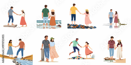 Collection of flat vector illustrations of young couples enjoying summer vacations at the beach, by the sea, and near streams.