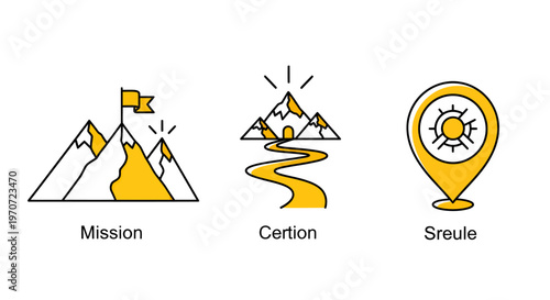 Illustrated Travel Icons Featuring Mountains, Path and Location Pin for Graphic Resources.