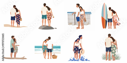 Eight romantic couple illustrations in beach settings, featuring summer fashion, ocean views, and tropical vibes in a flat minimalist style.