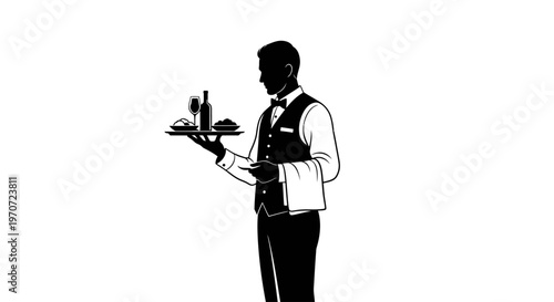 waiter serving food and drink on a tray vector illustration