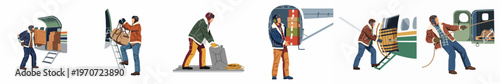 A collection of flat illustrations showing aviators and ground crew loading various cargo and supplies into vintage airplanes for air transport.