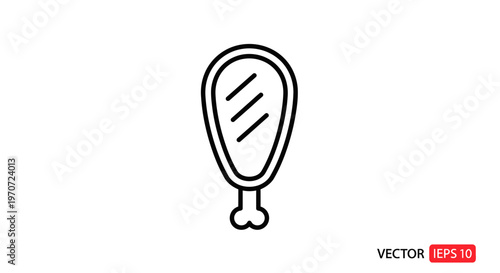 Raw Chicken Leg Icon, Simple Line Art, Isolated on White Background