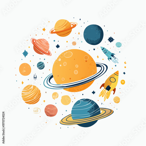 Vibrant illustration of planets and a rocket ship orbiting in space, showcasing a celestial journey among stars and cosmic wonders
