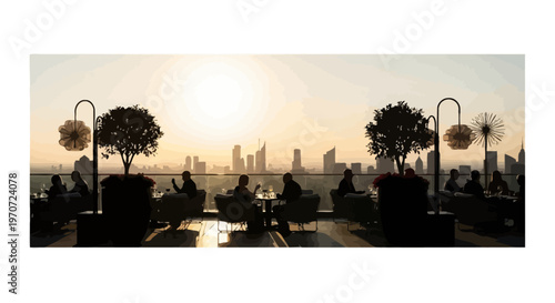 silhouette of people sitting at outdoor cafe with city skyline at sunset vector illustration