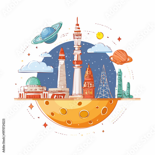 Whimsical illustration of a futuristic cityscape built upon a glowing crescent moon, orbited by colorful planets and twinkling stars, creating an imaginative cosmic urban landscape