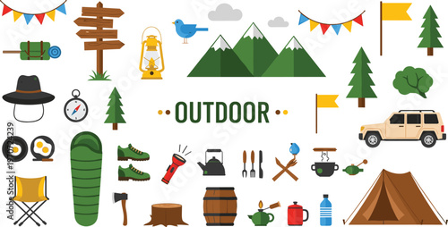 Outdoor adventure icons with camping gear for travel and nature exploration.