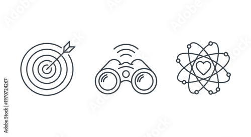 Target, binoculars, and atomic symbol icons representing focus, investigation, and exploration in science themes.
