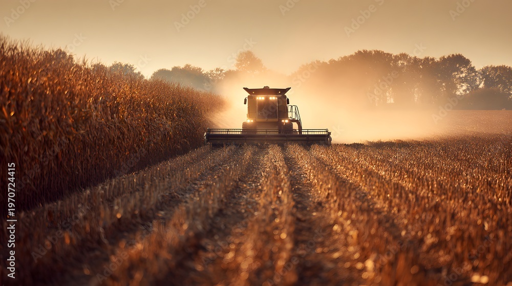 Fototapeta premium Combine harvester working through golden crop field at sunrise, agricultural machinery in action, harvest season in rural landscape, warm morning light, farming productivity, countryside cultivation 