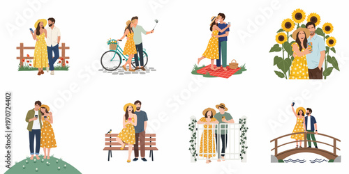 Set of romantic couples enjoying summer outdoor activities, taking selfies and spending time together in various scenic locations, flat vector illustration.
