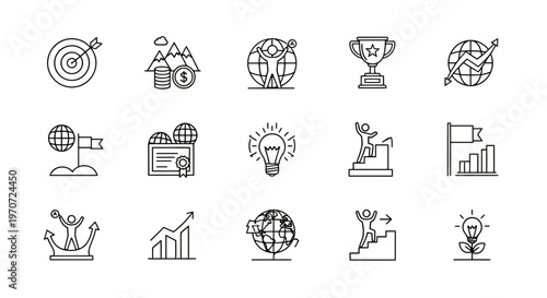 Collection of diverse line icons featuring everyday objects and symbols in a monochrome style.