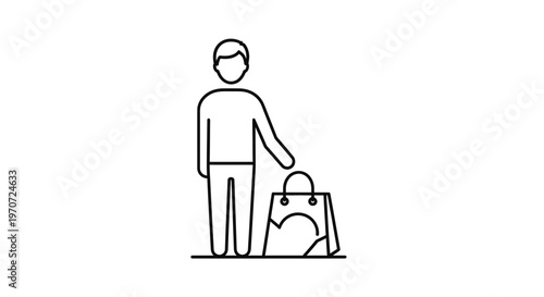 Person holding shopping bag icon, minimalist line art, consumerism concept