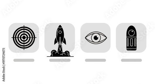 Set of four vector icons depicting target, rocket, eye, and mysterious emblem for design concepts.
