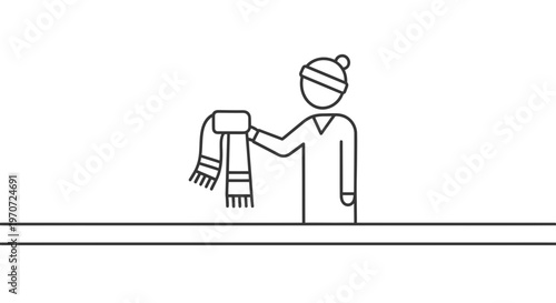 Person in winter clothes holding a scarf, minimalist line art icon