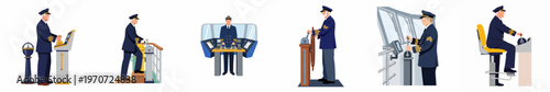 Flat vector illustration set of ship captains in uniform operating various navigation controls and steering wheels on a ship's bridge.