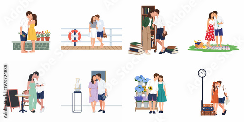 Set of romantic illustrations featuring a young couple on various dates, from traveling on a ship to visiting an art gallery and bookstore.