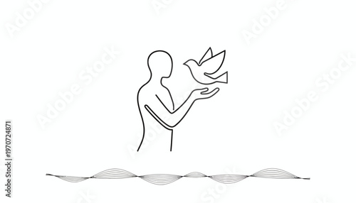 Person releasing a dove, symbol of peace and freedom, abstract line art