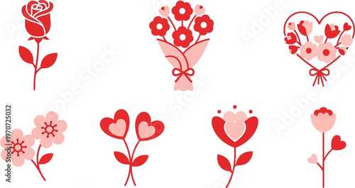 Collection of red and pink floral icons including roses and hearts perfect for Valentines Day or romantic design elements isolated on white