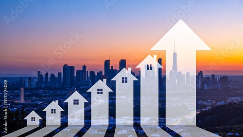 City skyline with upward arrows representing real estate growth and urban development concept 