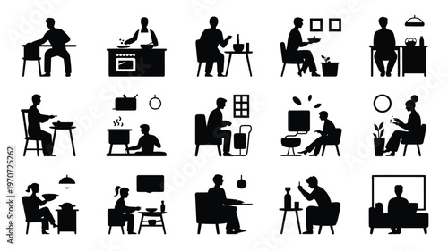 Silhouettes of people performing various evening routines in minimalist style including working relaxing and using technology in modern settings
