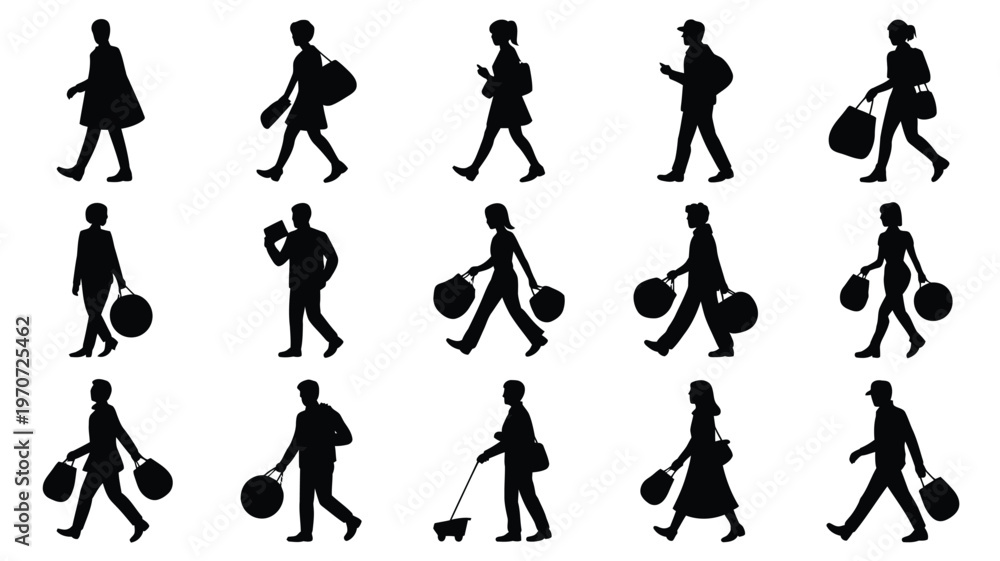 Fototapeta premium Silhouettes of men and women walking in various poses carrying bags and balloons isolated on white background