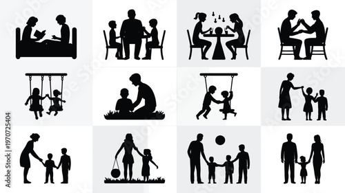 Black silhouette illustrations of people engaging in family activities camping bonding and sharing moments of togetherness depicted in a clean vector style on a white background