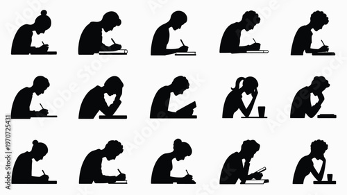 Silhouettes of people working at desks studying and writing in a minimalist grid layout conveying focus productivity and daily routines in a clean monochromatic design