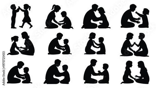 Silhouette collection of family interactions showcasing daily life moments between parents and children
