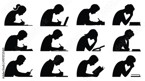 Silhouette collection of 12 people engaged in daily habits sitting reading and writing in minimalist style