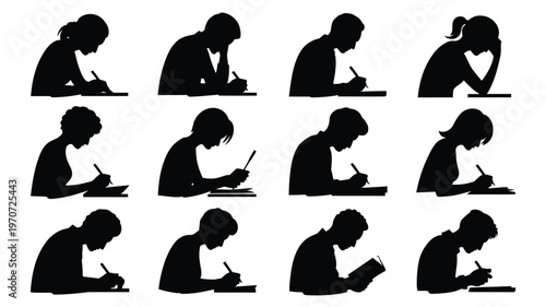 Silhouettes of twelve individuals engaged in daily habits of reading writing and contemplating in minimalist black and white style