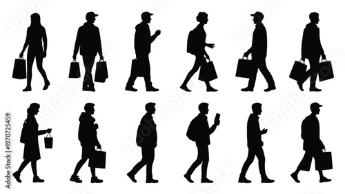 Silhouettes of people walking with bags and briefcases in casual daily life scenes minimalist style
