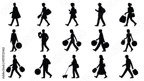 Silhouettes of men and women walking in various poses carrying bags and balloons isolated on white background