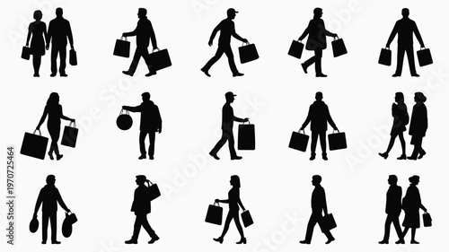 Silhouettes of people walking carrying bags and interacting in casual daily life scenarios minimalist black design isolated on white background