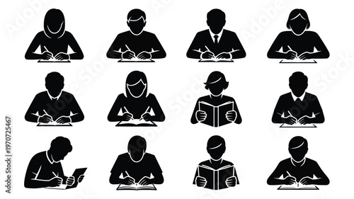 Collection of 12 silhouette illustrations featuring people engaged in daily habits activities and routines shown in minimalist black and white style