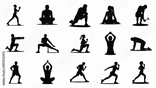 Silhouettes of 12 people performing daily activities like running stretching sitting and exercising in minimalist black designs