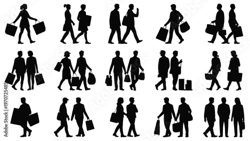 Diverse group of silhouetted individuals walking with bags briefcases and backpacks depicting urban commuters in motion