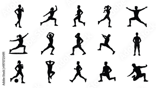 Energetic silhouettes of people engaging in various activities such as running jumping and exercising in a minimalist dynamic style