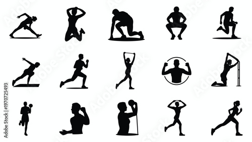 Silhouettes of 12 people performing daily activities and sports in minimalist black and white style