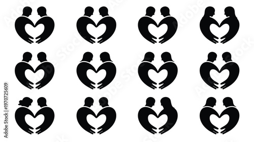 Silhouettes of couples embracing in heart shapes symbolizing love friendship and unity arranged in a 3x4 grid on a clean white background