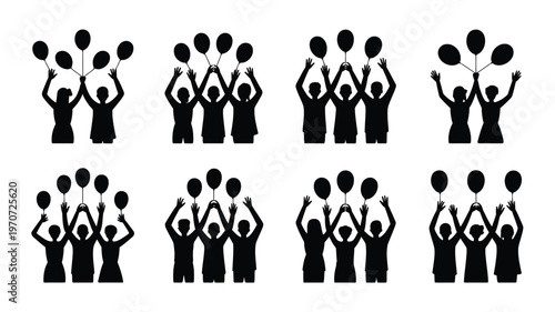 Silhouettes of groups celebrating with arms raised and balloons in joyful black and white minimalist style