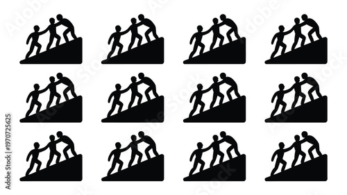 Group of silhouetted figures helping each other climb a steep incline symbolizing teamwork support and collaboration in a minimalist black and white design with repetitive pattern
