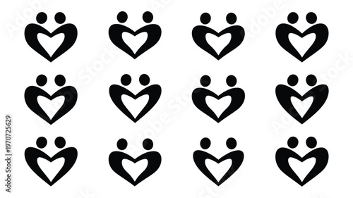 Collection of 12 minimalist heart silhouettes with figures symbolizing friendship support unity and affection in black and white design