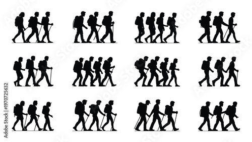 Silhouettes of twelve hikers walking together in groups carrying backpacks outdoor adventure concept minimalist design travel and friendship theme