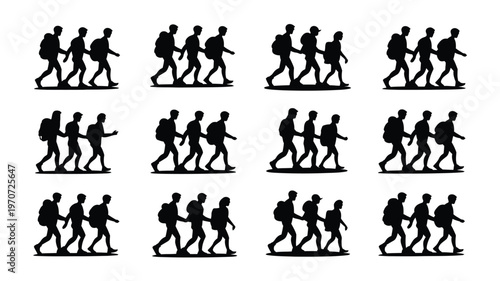Group of 12 silhouetted travelers carrying backpacks walking together in minimalist black and white design
