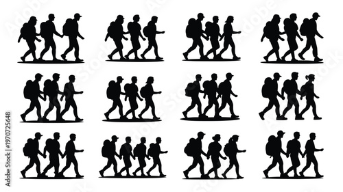 Silhouetted travelers walking in groups 12 unique designs for adventure and friendship symbols