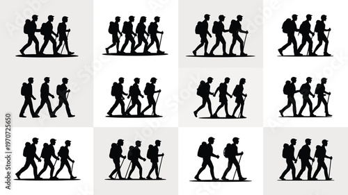 Silhouettes of twelve hikers with backpacks and trekking poles walking in groups on a minimalist gray background vector illustration of travel and adventure concept