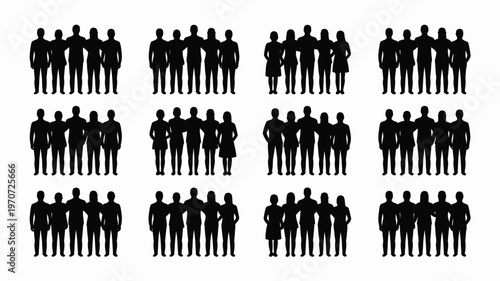 Silhouettes of diverse groups of people standing together in a minimalist style symbolizing unity teamwork and collaboration arranged in a grid pattern on a clean white background