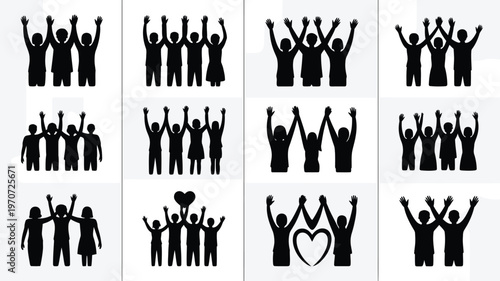 Black silhouettes of diverse people raising arms in celebration unity and friendship isolated on white background set of 12 vector icons expressing joy community and togetherness