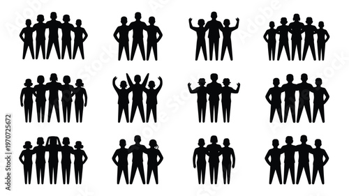 Silhouettes of diverse groups embracing standing together and celebrating teamwork in a minimalist design layout