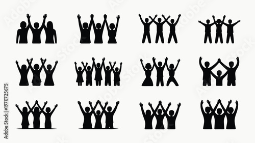 Excited silhouetted crowd of people raising arms in unison celebrating joy unity and togetherness minimalist design on white background